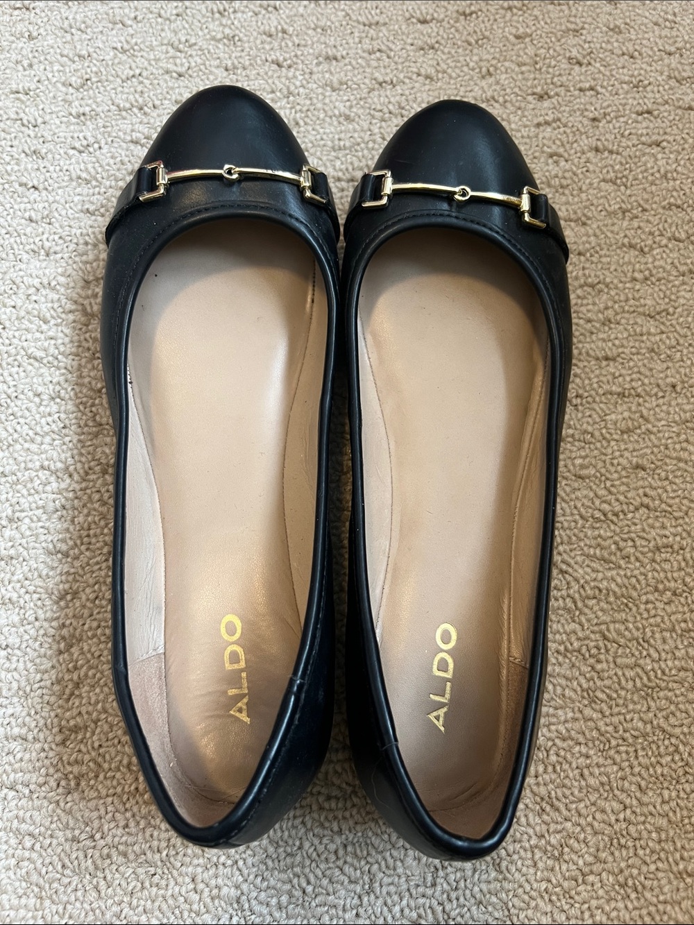 ALDO Black Leather Flats with Gold Horsebit